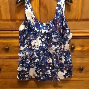 White House Black Market Blue Floral Ruffle Blouse
